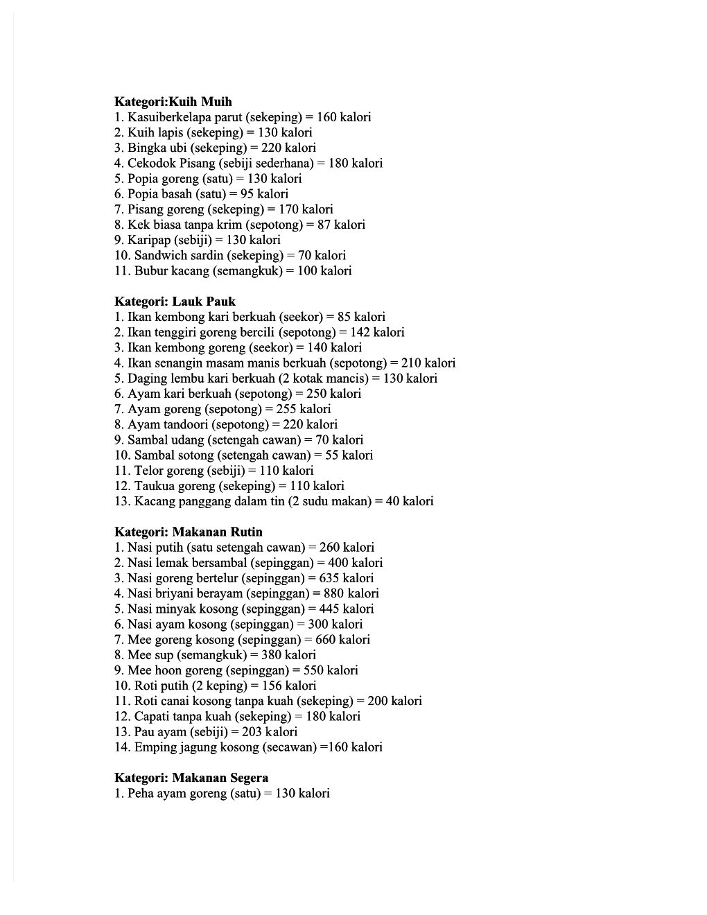 1. Kasuiberkelapa Parut (Sekeping) = 160 Kalori 2. Kuih Lapis (Sekeping) = 130 Kalori 3