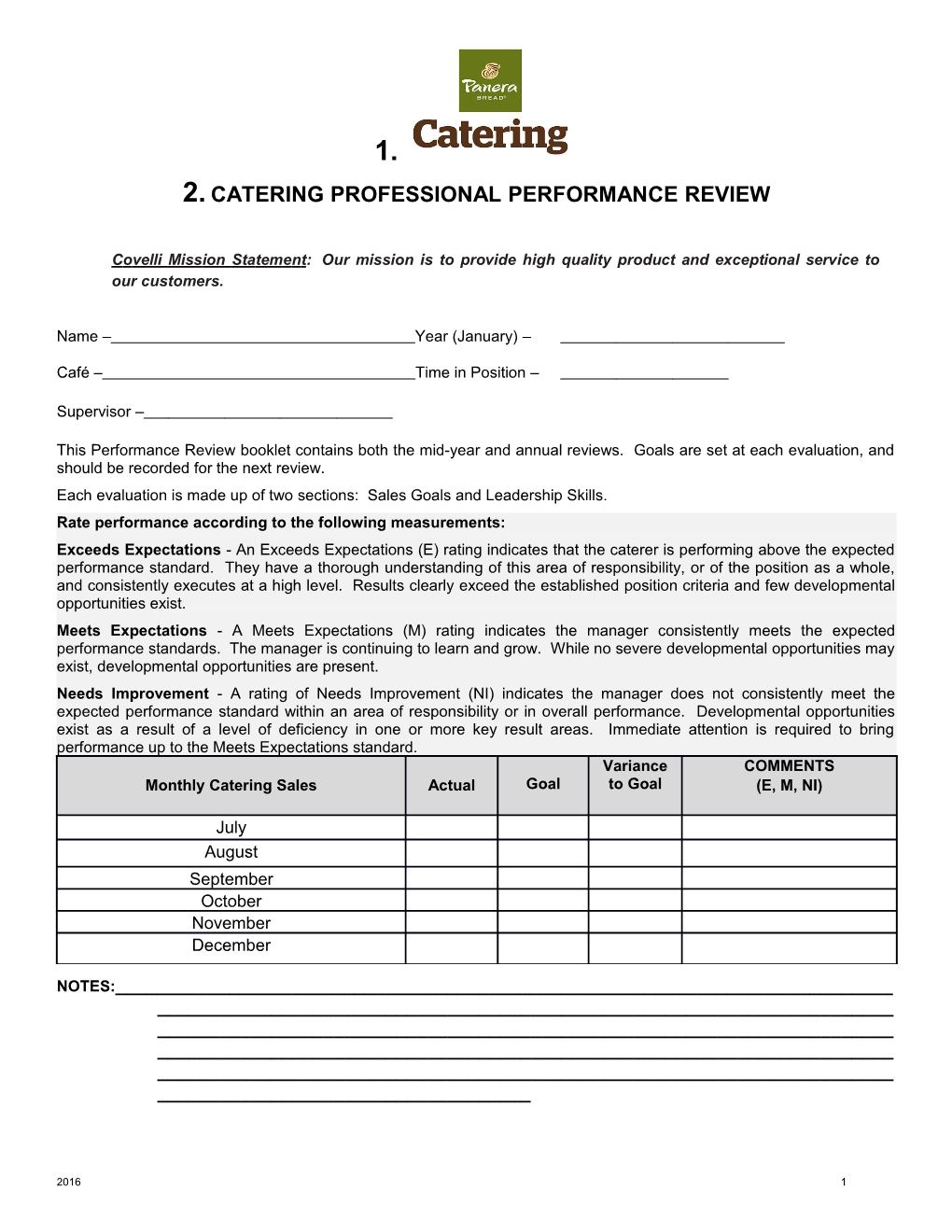 Catering Professional Performance Review