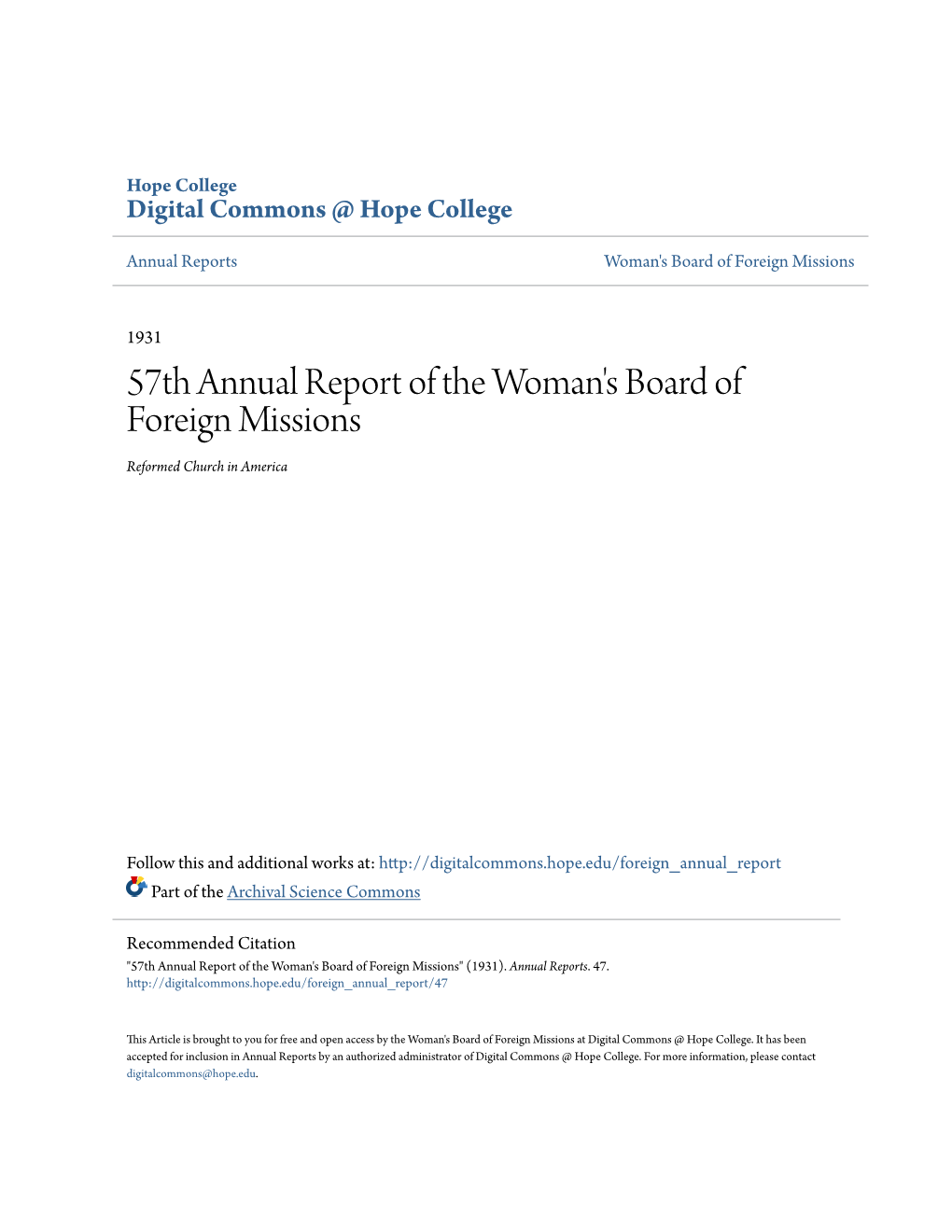 57Th Annual Report of the Woman's Board of Foreign Missions