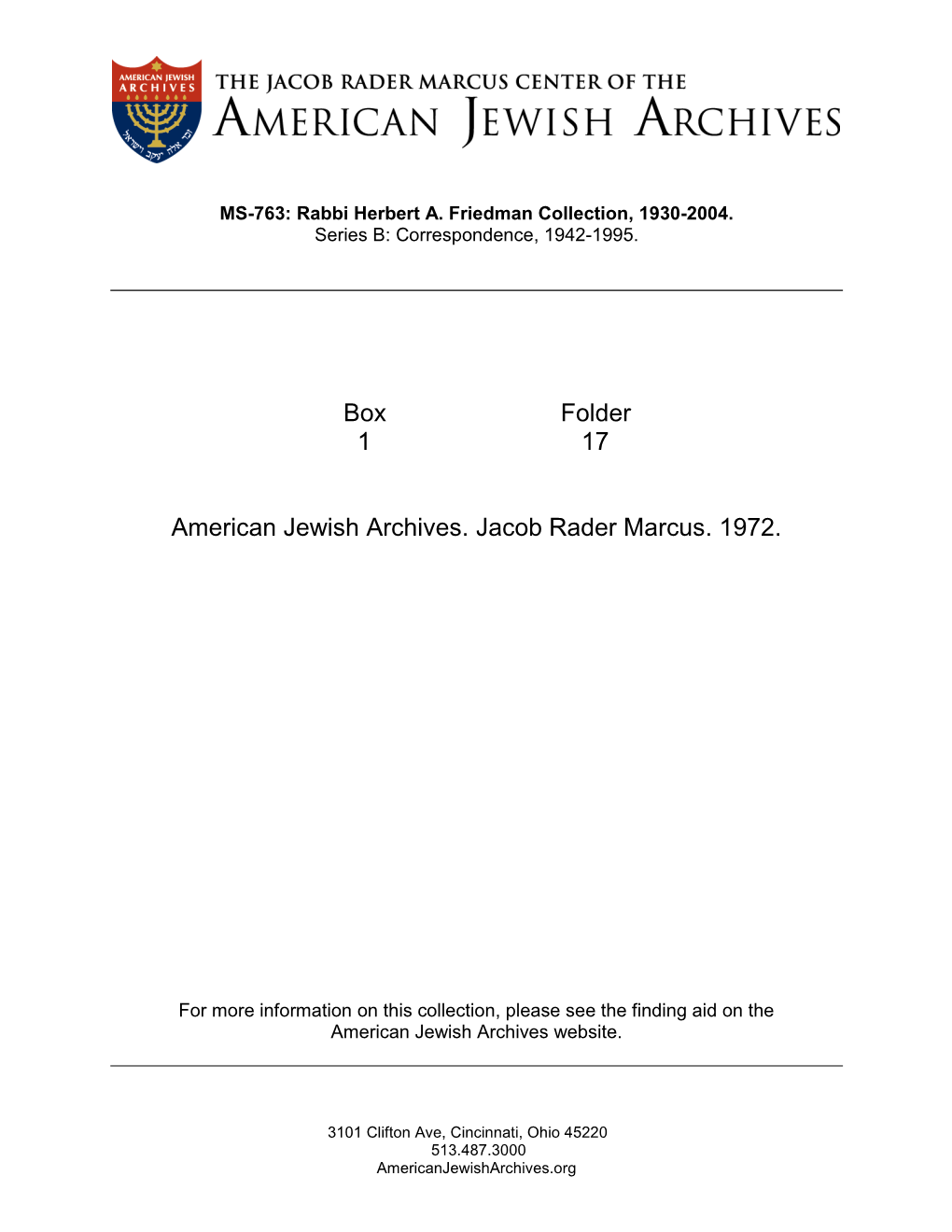 Box Folder 1 17 American Jewish Archives. Jacob Rader Marcus. 1972