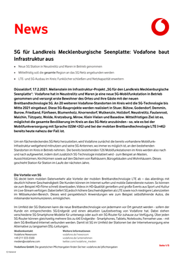 5G Für Landkreis Mecklenburgische Seenplatte: Vodafone Baut