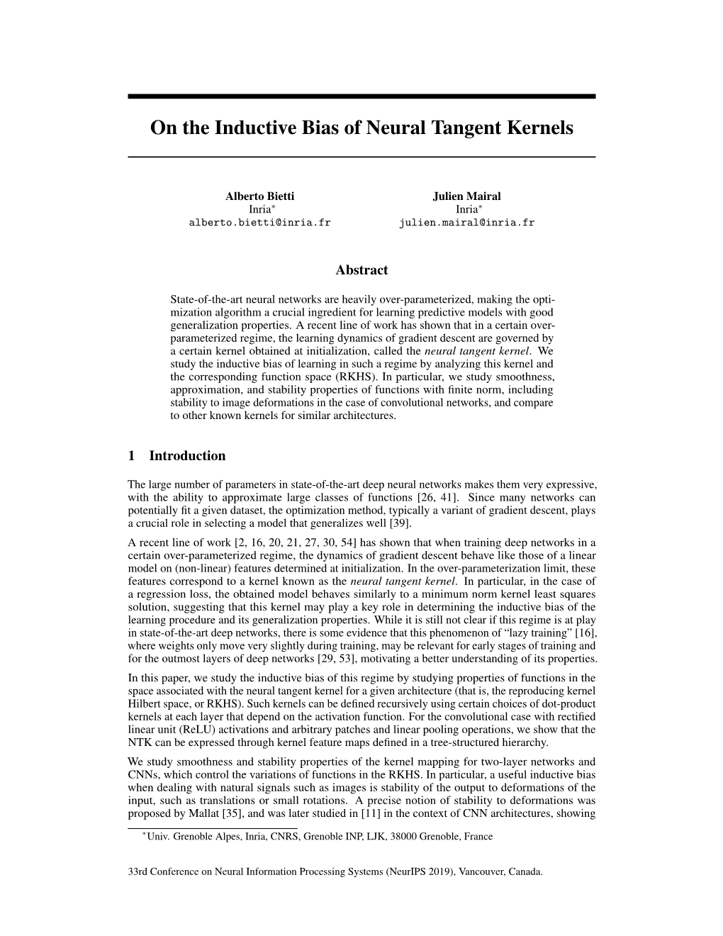 On the Inductive Bias of Neural Tangent Kernels