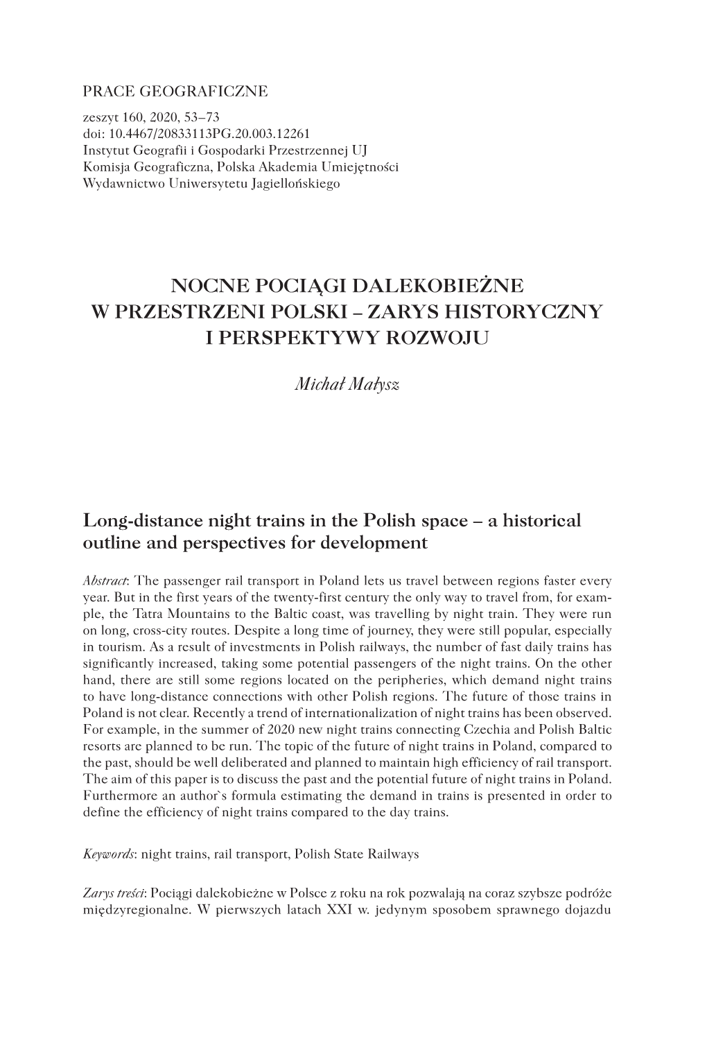 Nocne Pociągi Dalekobieżne W Przestrzeni Polski – Zarys Historyczny I Perspektywy Rozwoju