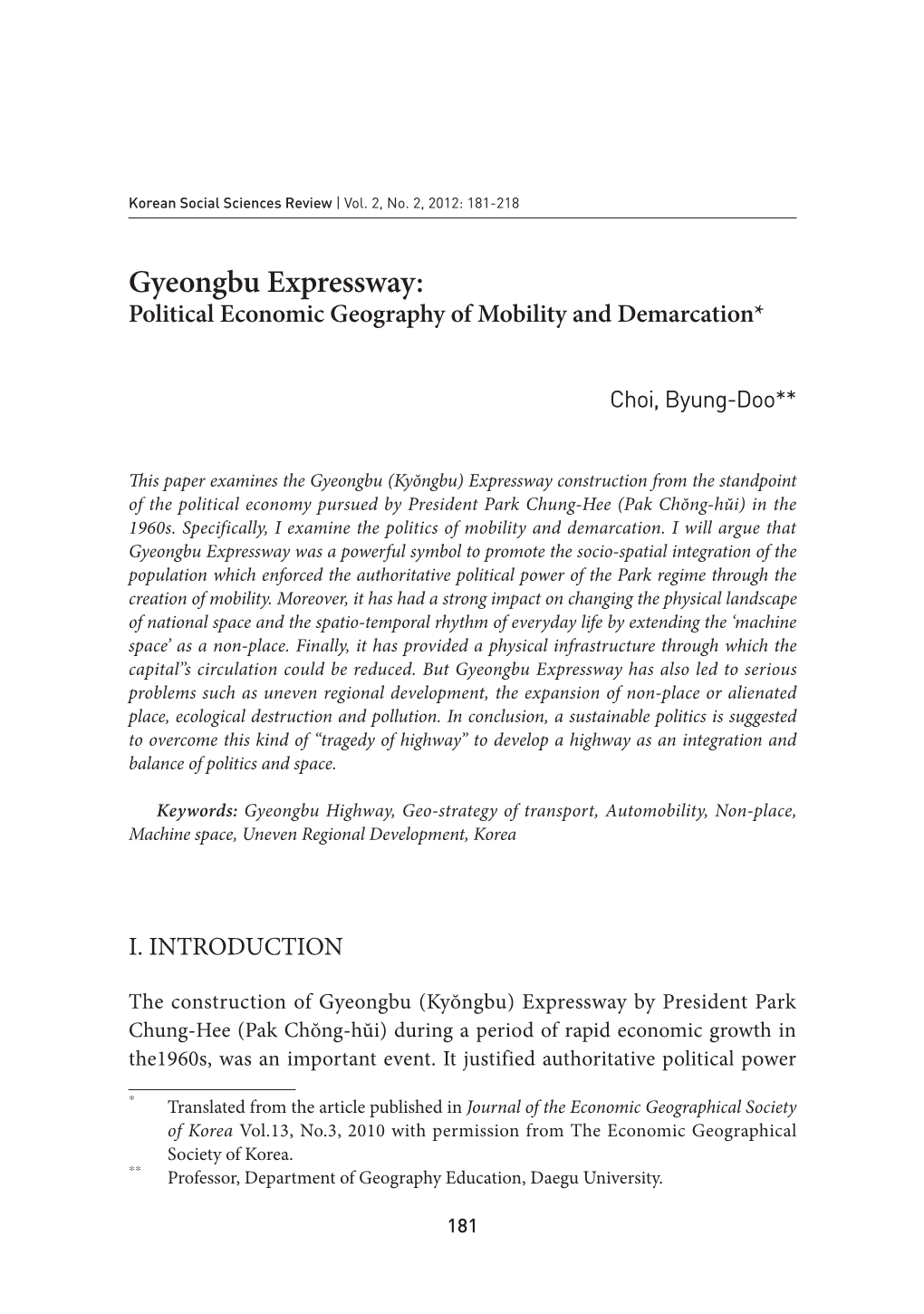 Gyeongbu Expressway: Political Economic Geography of Mobility and Demarcation*