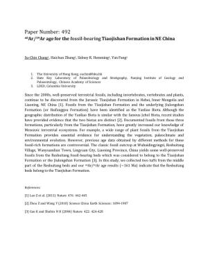 Paper Number: 492 40Ar/39Ar Age for the Fossil-Bearing Tiaojishan Formation in NE China