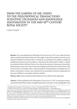 From the Garden of Mr. Lindo to the Philosophical Transactions. Scientific Exchanges and Knowledge Legitimation in the Mid-18Th Century Royal Society*1