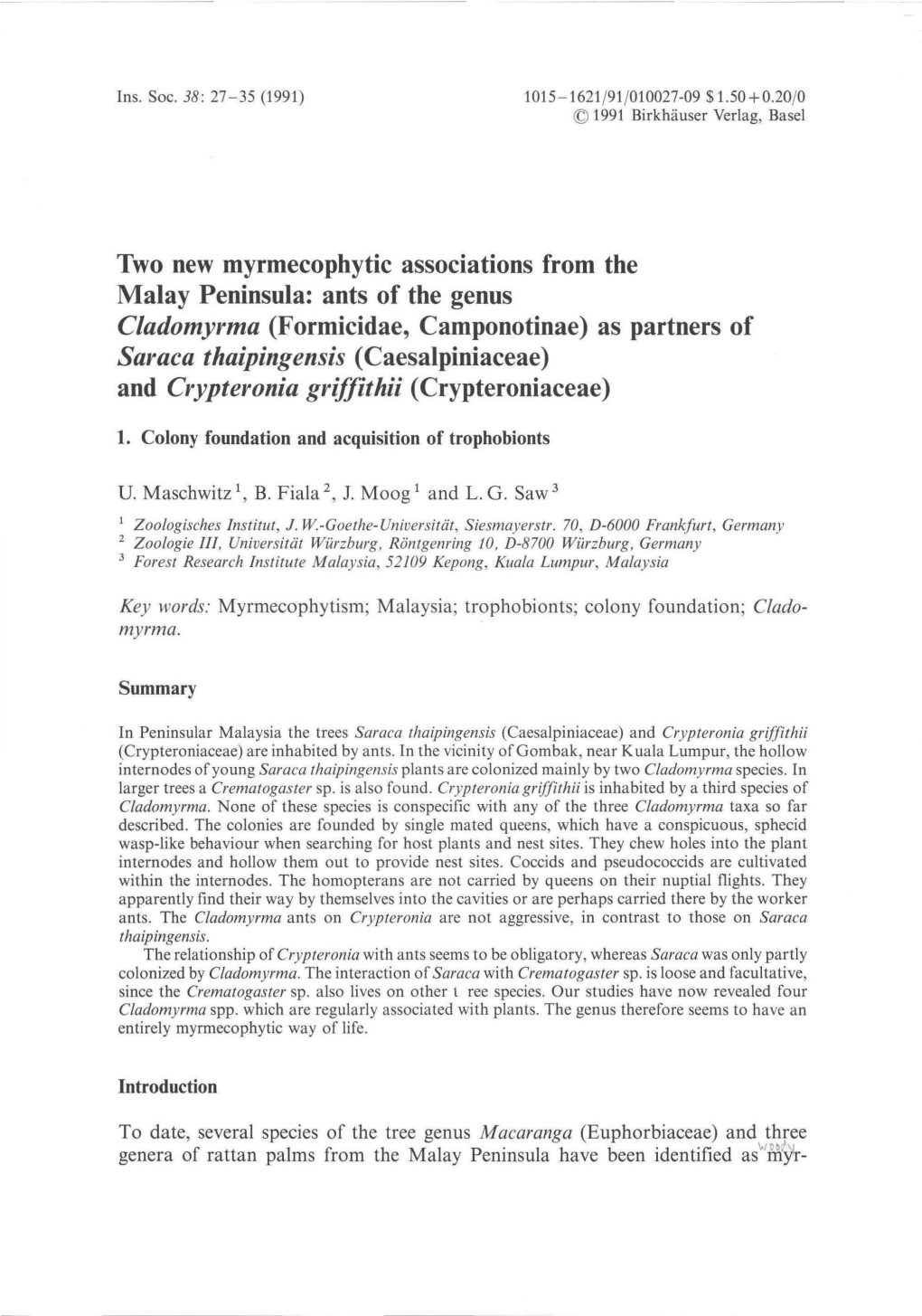 Two New Myrmecophytic Associations from the Malay Peninsula: Ants Of