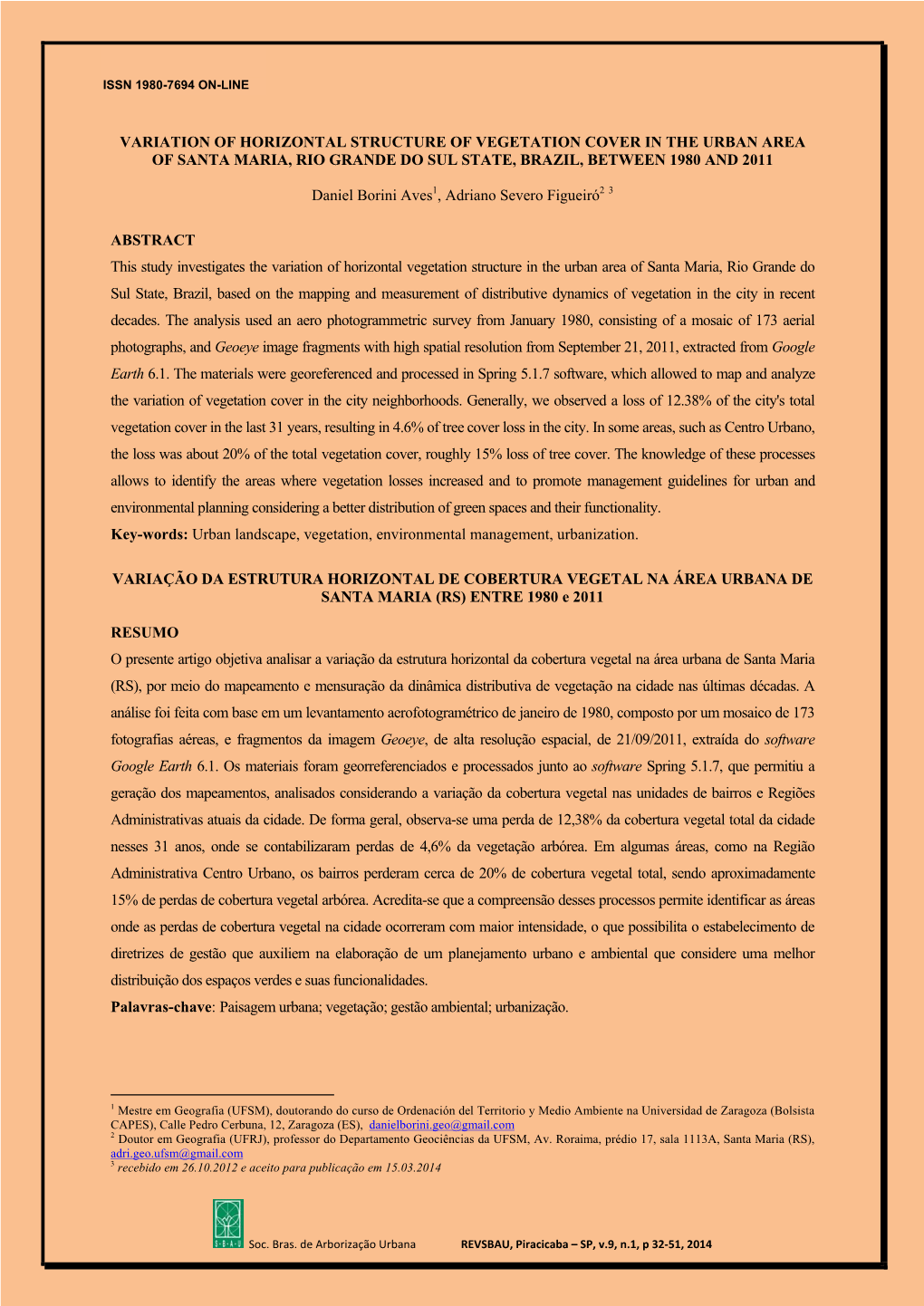 Variation of Horizontal Structure of Vegetation Cover in the Urban Area of Santa Maria, Rio Grande Do Sul State, Brazil, Between 1980 and 2011