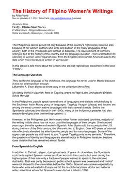 The History of Filipino Women's Writings by Riitta Vartti Sivu on Päivitetty 2.1.2007, Riitta Vartti, Riitta.Vartti@Kolumbus.Fi Updated