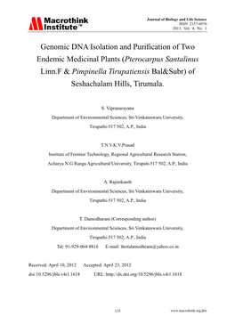 Genomic DNA Isolation and Purification of Two Endemic Medicinal Plants (Pterocarpus Santalinus Linn.F & Pimpinella Tirupatie