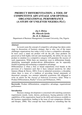 Product Differentiation: a Tool of Competitive Advantage and Optimal Organizational Performance (A Study of Unilever Nigeria Plc)