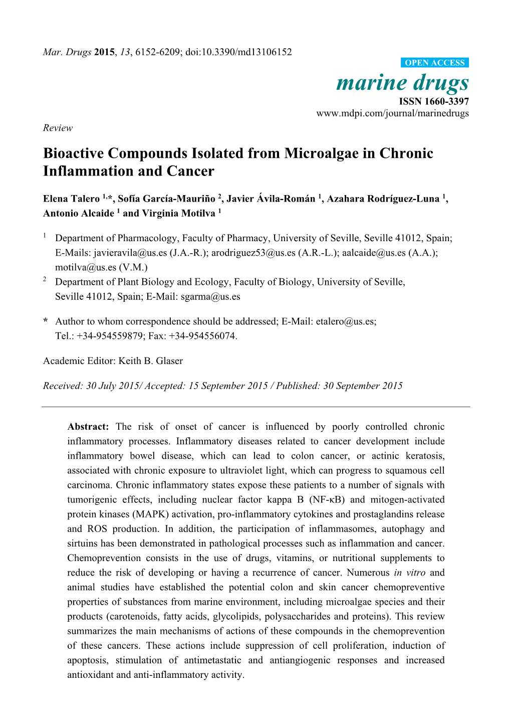 Bioactive Compounds Isolated from Microalgae in Chronic Inflammation and Cancer