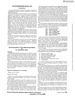 THE OLDENBURGER MEDAL 1975 Introduction the Presentation Of