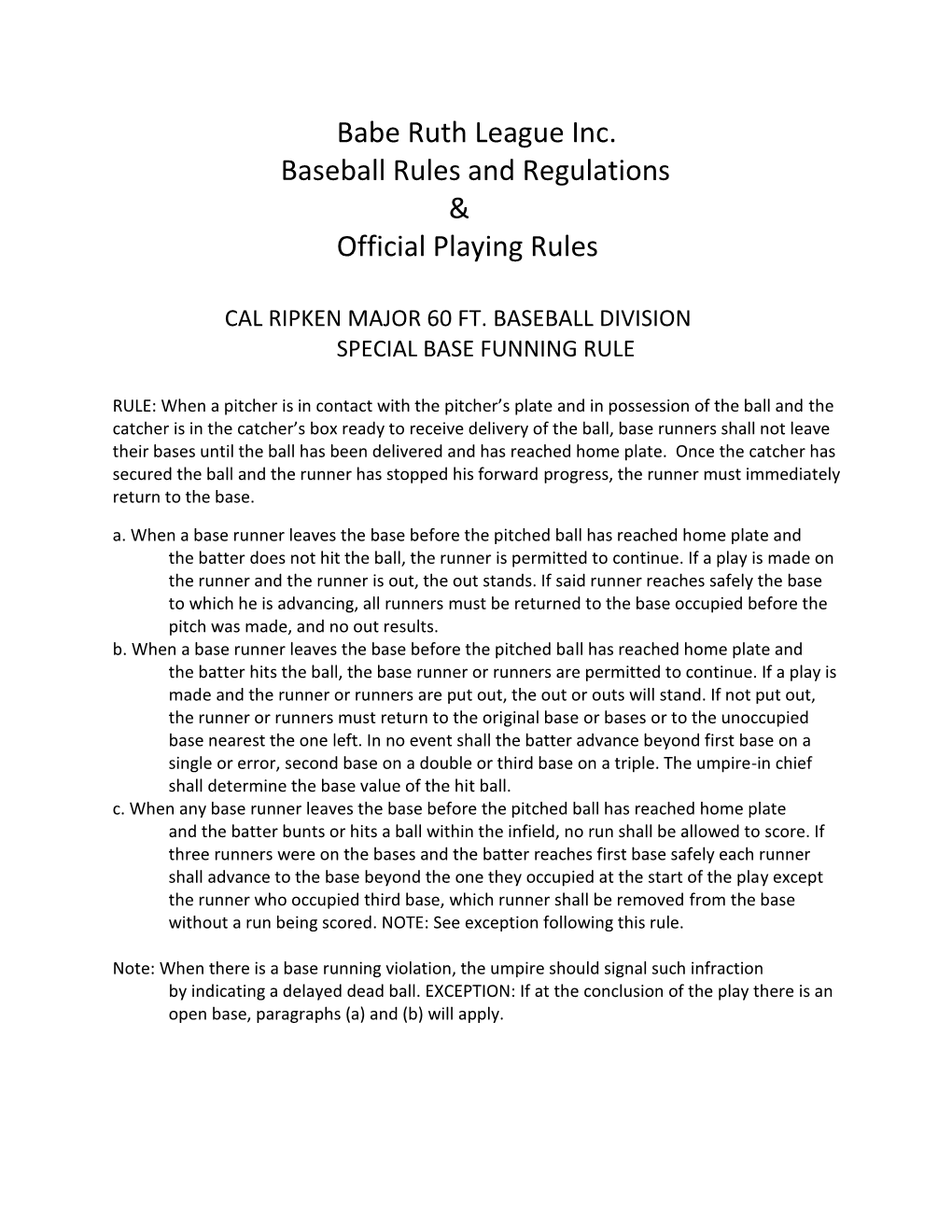 Babe Ruth League Inc. Baseball Rules and Regulations & Official DocsLib