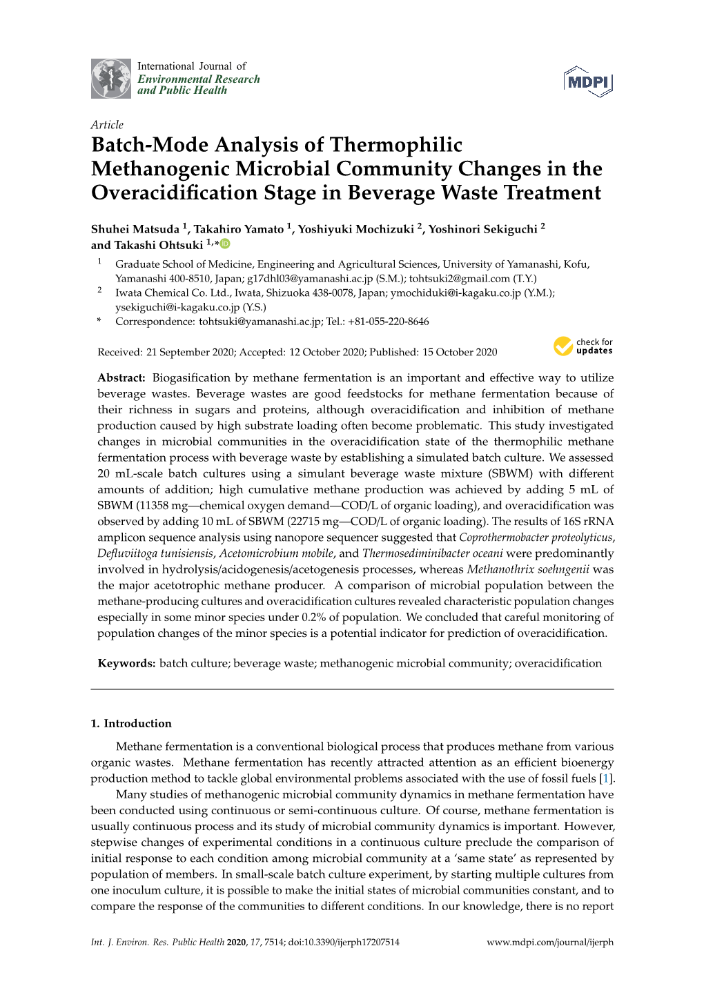 Batch-Mode Analysis of Thermophilic Methanogenic Microbial Community Changes in the Overacidification Stage in Beverage Waste Tr