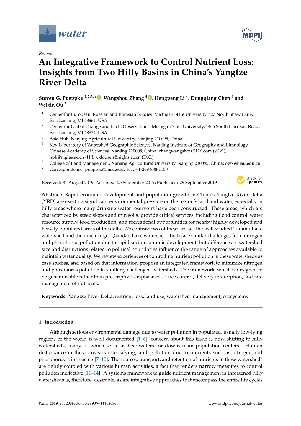 An Integrative Framework to Control Nutrient Loss: Insights from Two Hilly Basins in China’S Yangtze River Delta