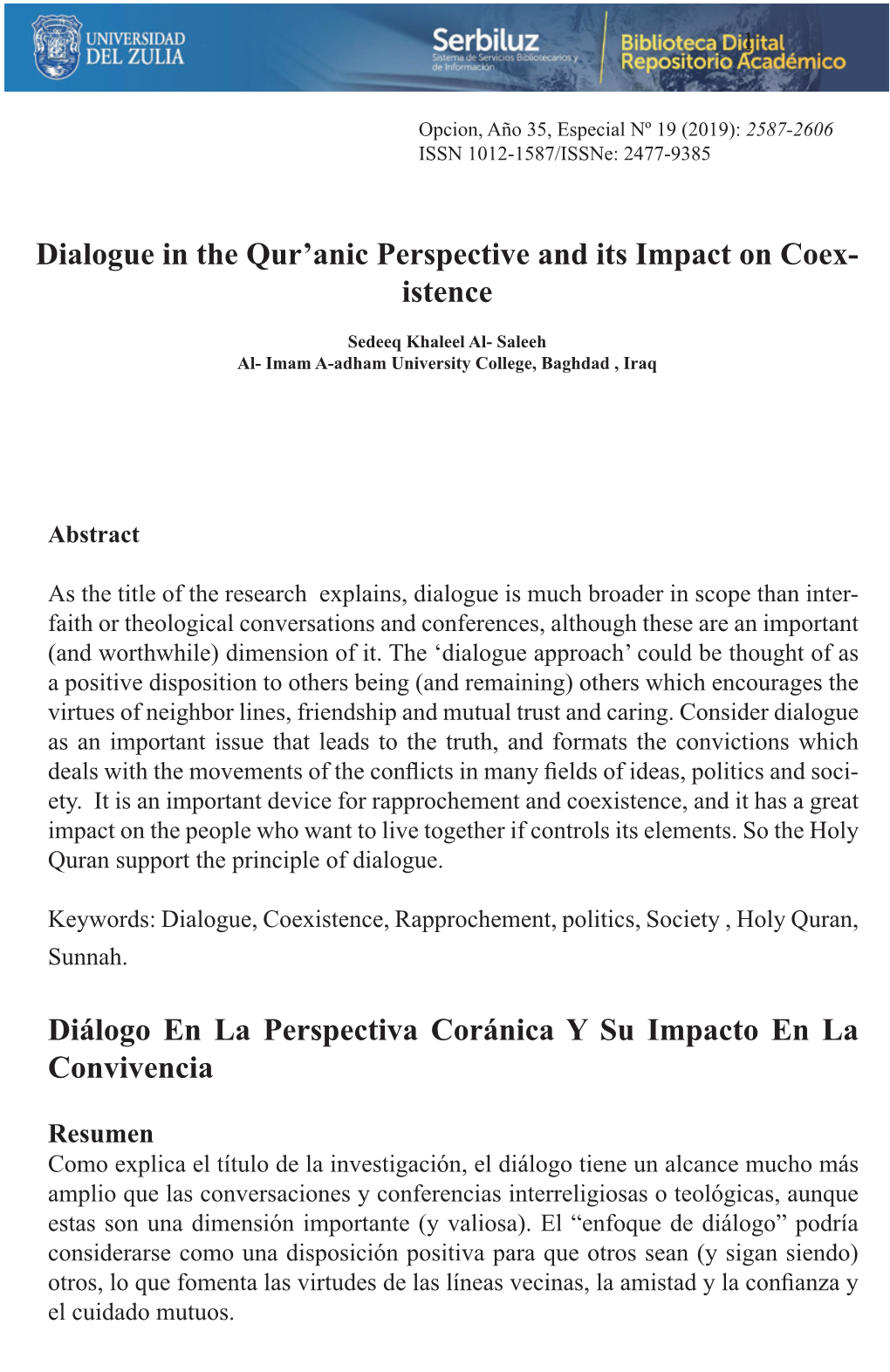 Dialogue in the Qur'anic Perspective and Its Impact on Coex- Istence