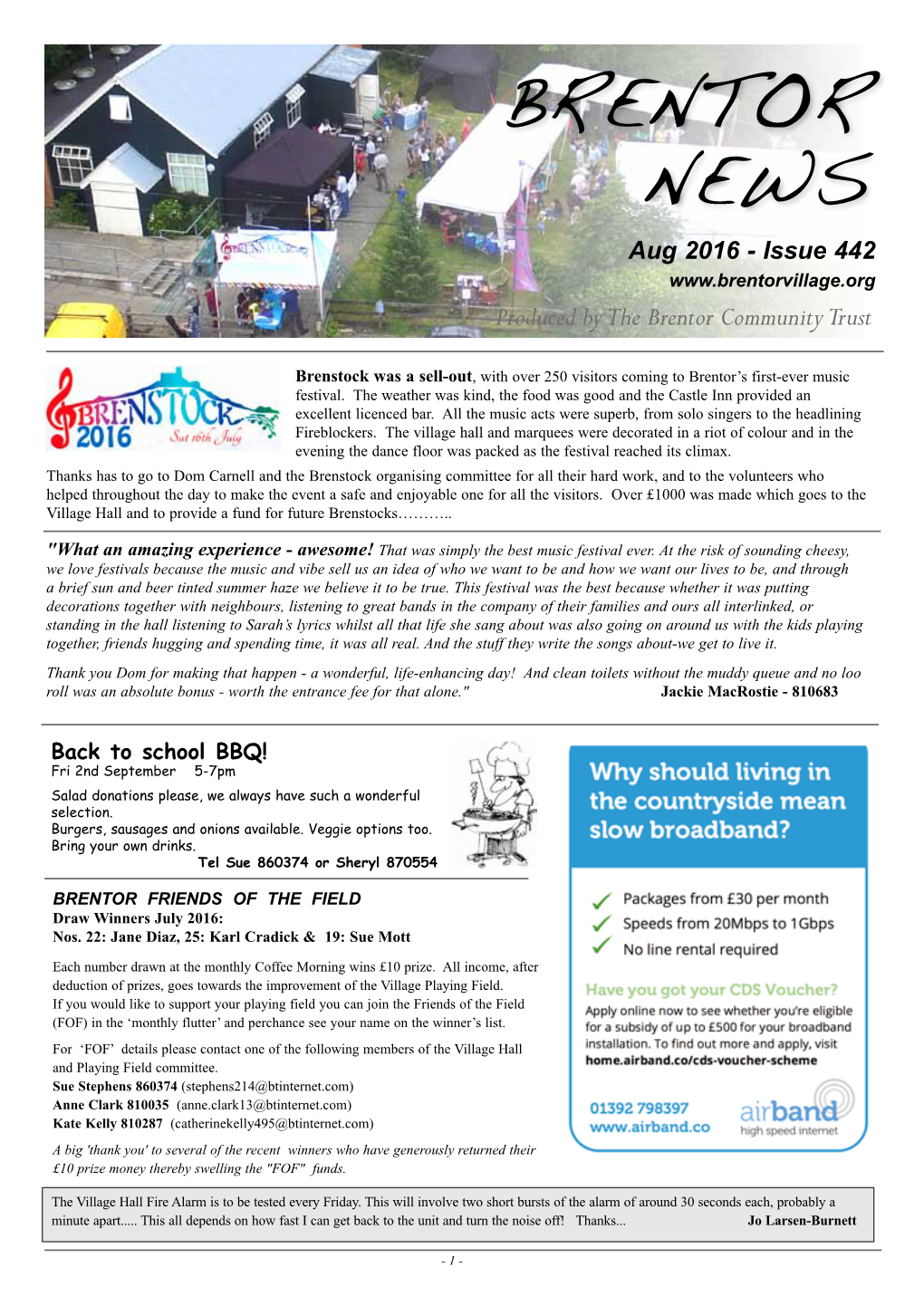 BRENTOR NEWS Aug 2016 - Issue 442 Produced by the Brentor Community Trust