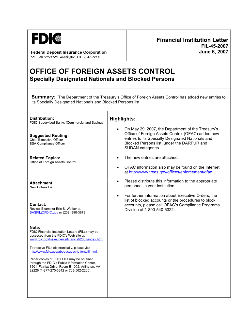 FIL-45-2007 Federal Deposit Insurance Corporation June 6, 2007 550 17Th Street NW, Washington, D.C
