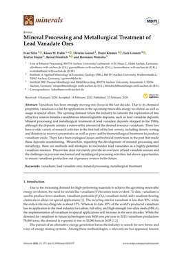 Mineral Processing and Metallurgical Treatment of Lead Vanadate Ores