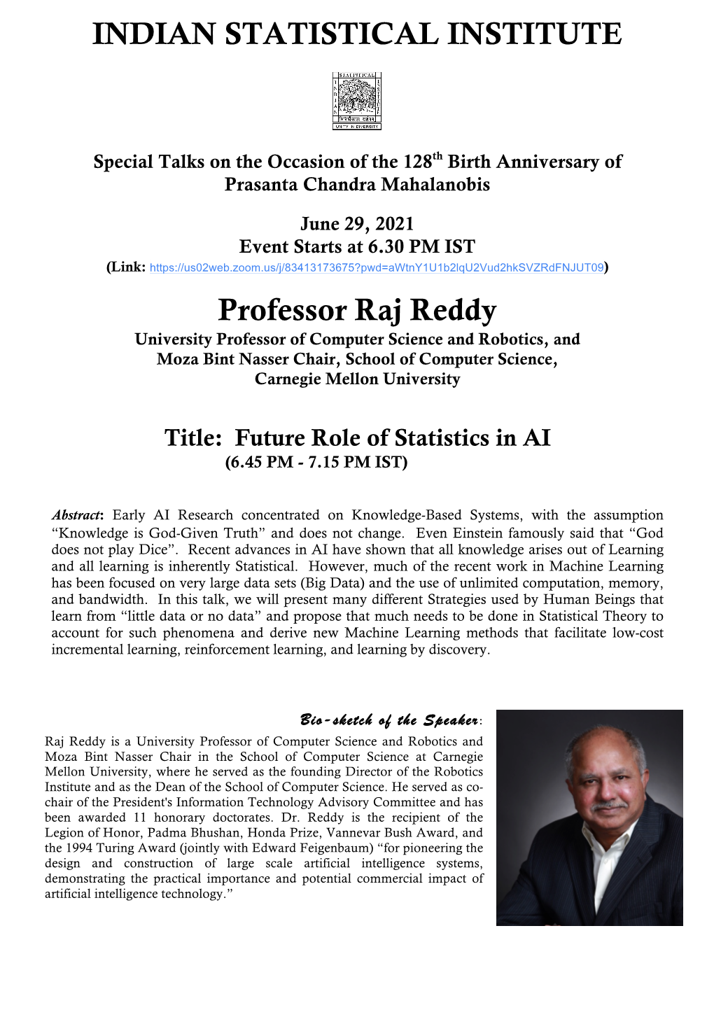 INDIAN STATISTICAL INSTITUTE Professor Raj Reddy
