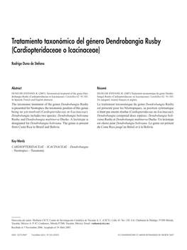 Tratamiento Taxonómico Del Género Dendrobangia Rusby (Cardiopteridaceae O Icacinaceae)