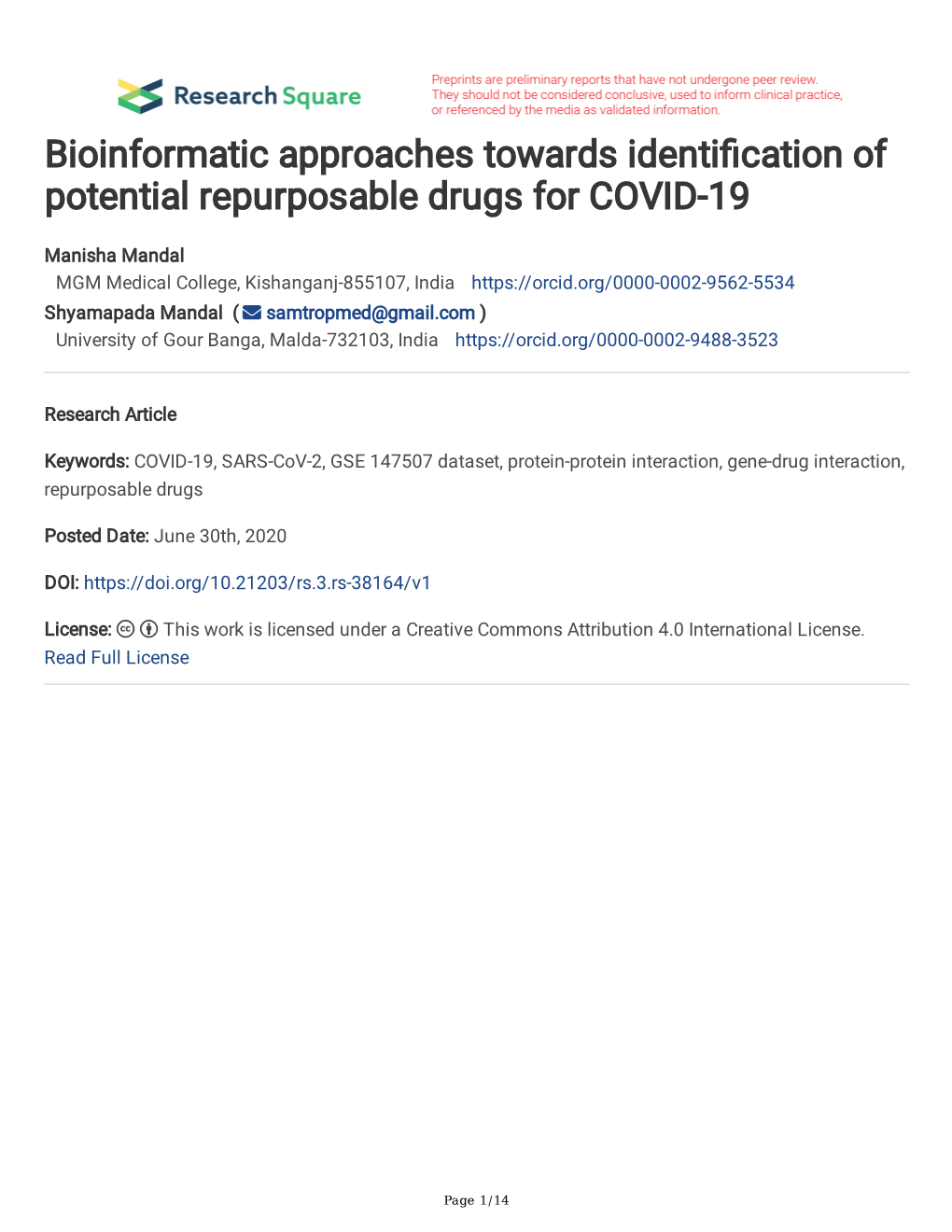 Bioinformatic Approaches Towards Identi Cation of Potential Repurposable Drugs for COVID-19