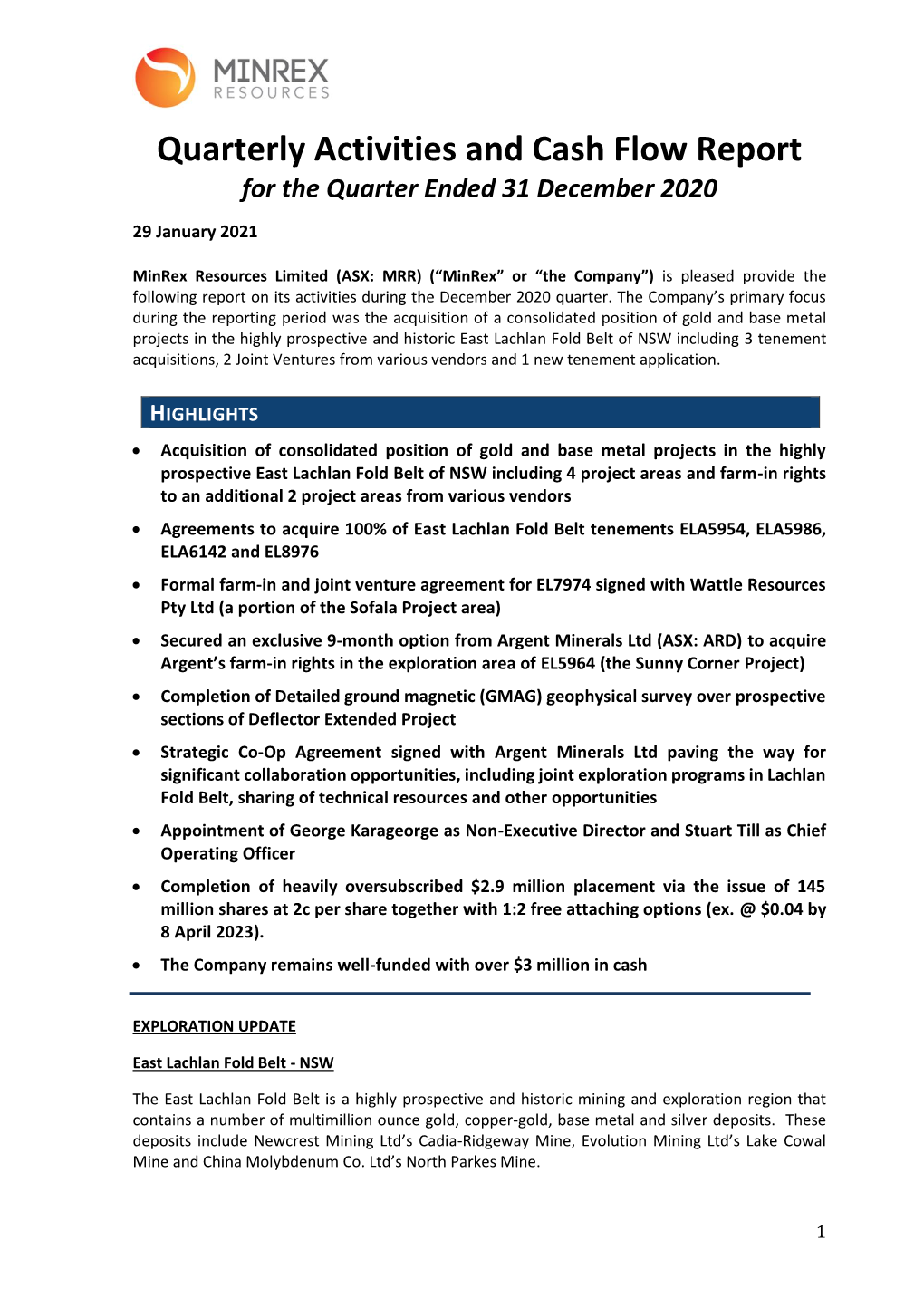 Quarterly Activities and Cash Flow Report for the Quarter Ended 31 December 2020