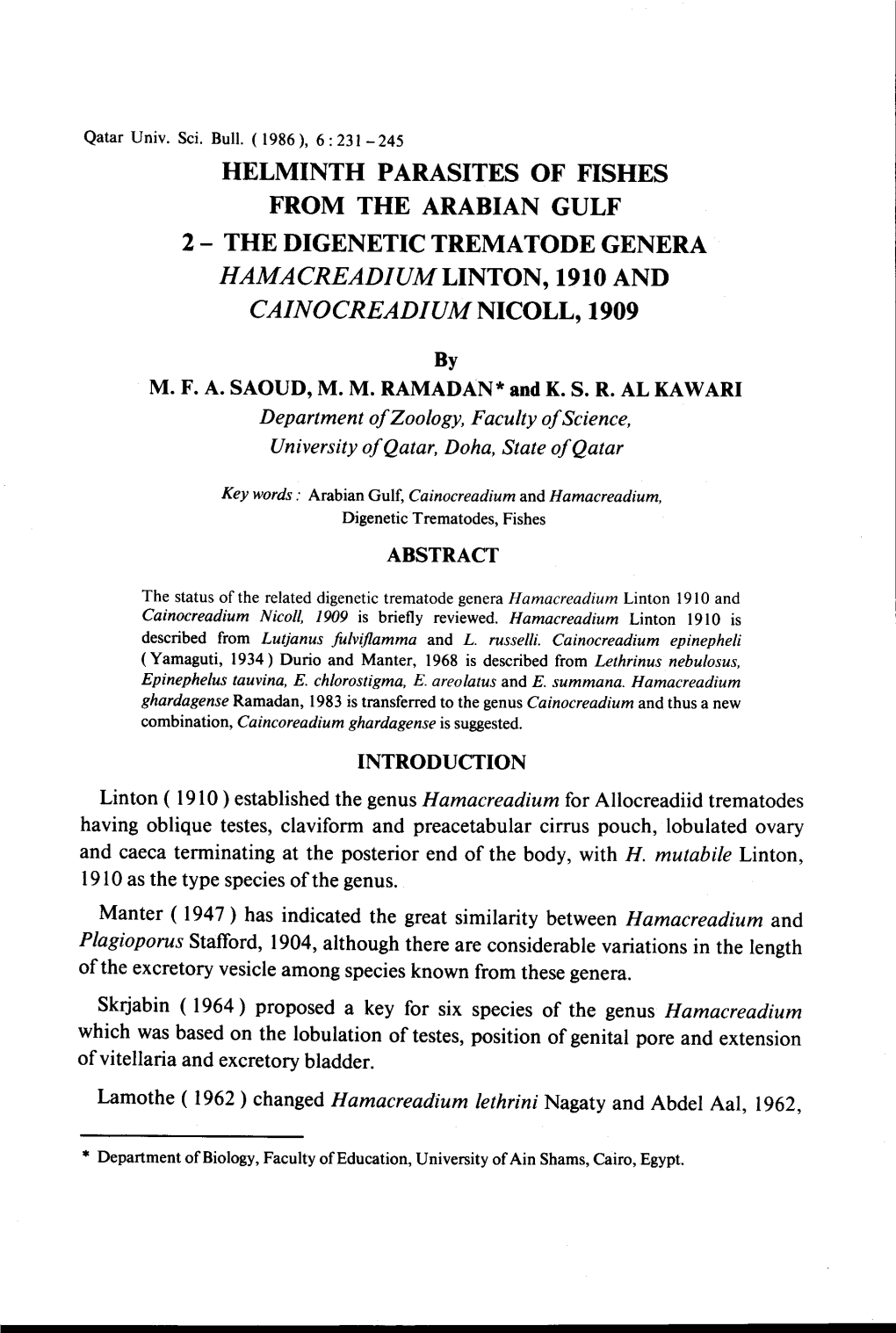 Helminth Parasites of Fishes from the Arabian Gulf 2 - the Digenetic Trematode Genera Hamacreadiumlinton, 1910 and Cainocreadium Nicoll, 1909