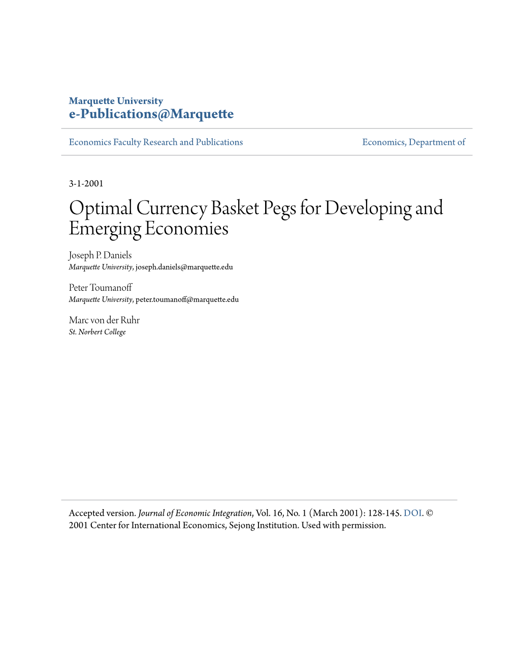 Optimal Currency Basket Pegs for Developing and Emerging Economies Joseph P