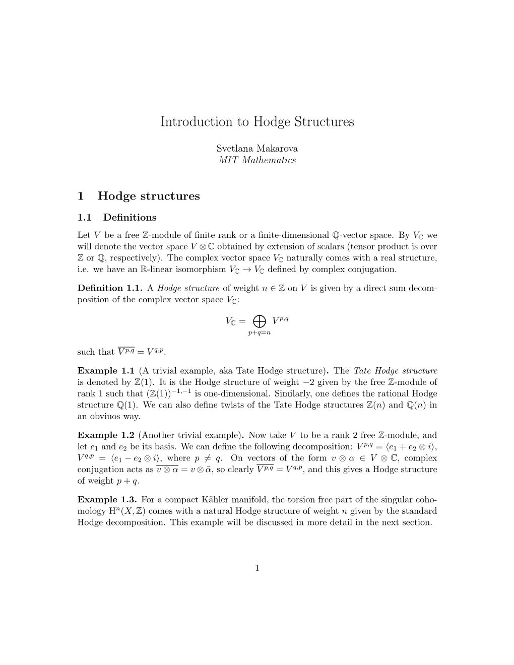 Introduction to Hodge Structures