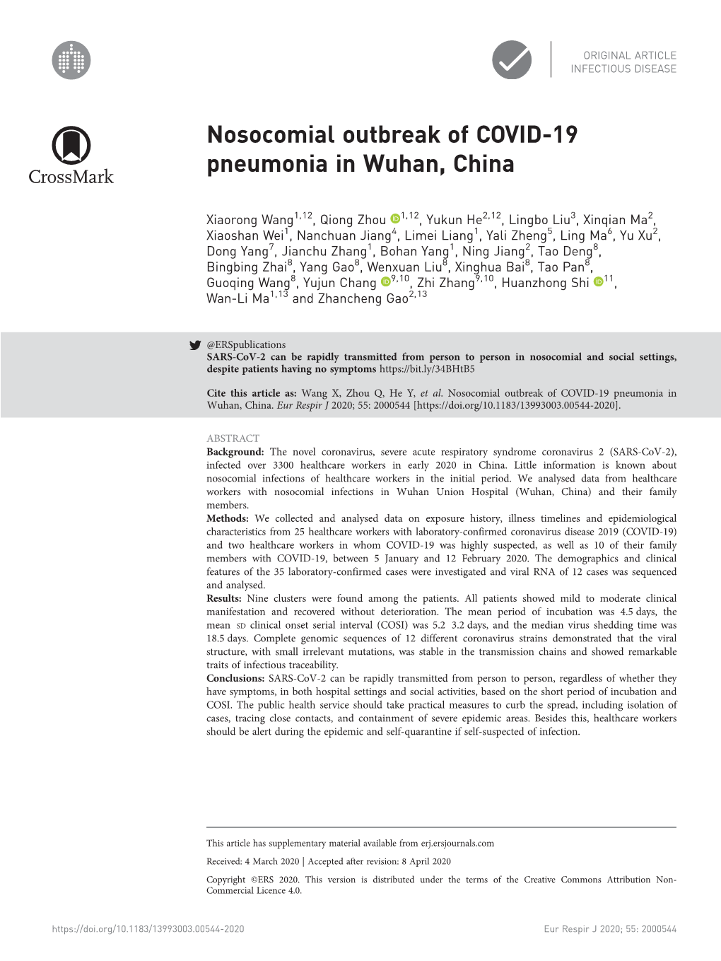 Nosocomial Outbreak of COVID-19 Pneumonia in Wuhan, China