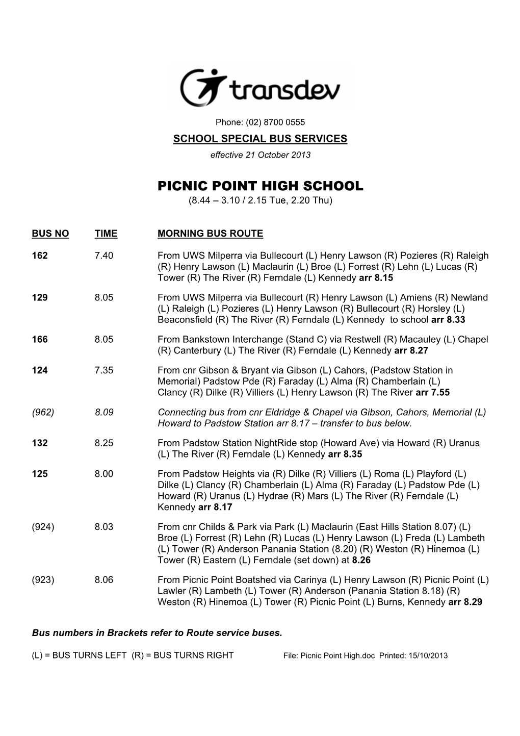 School Bus Timetable