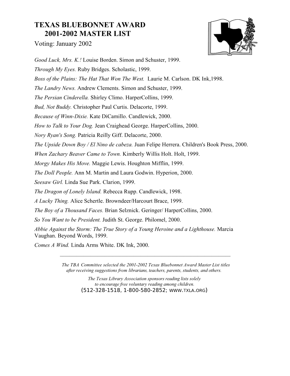 Texas Bluebonnet Award Master List