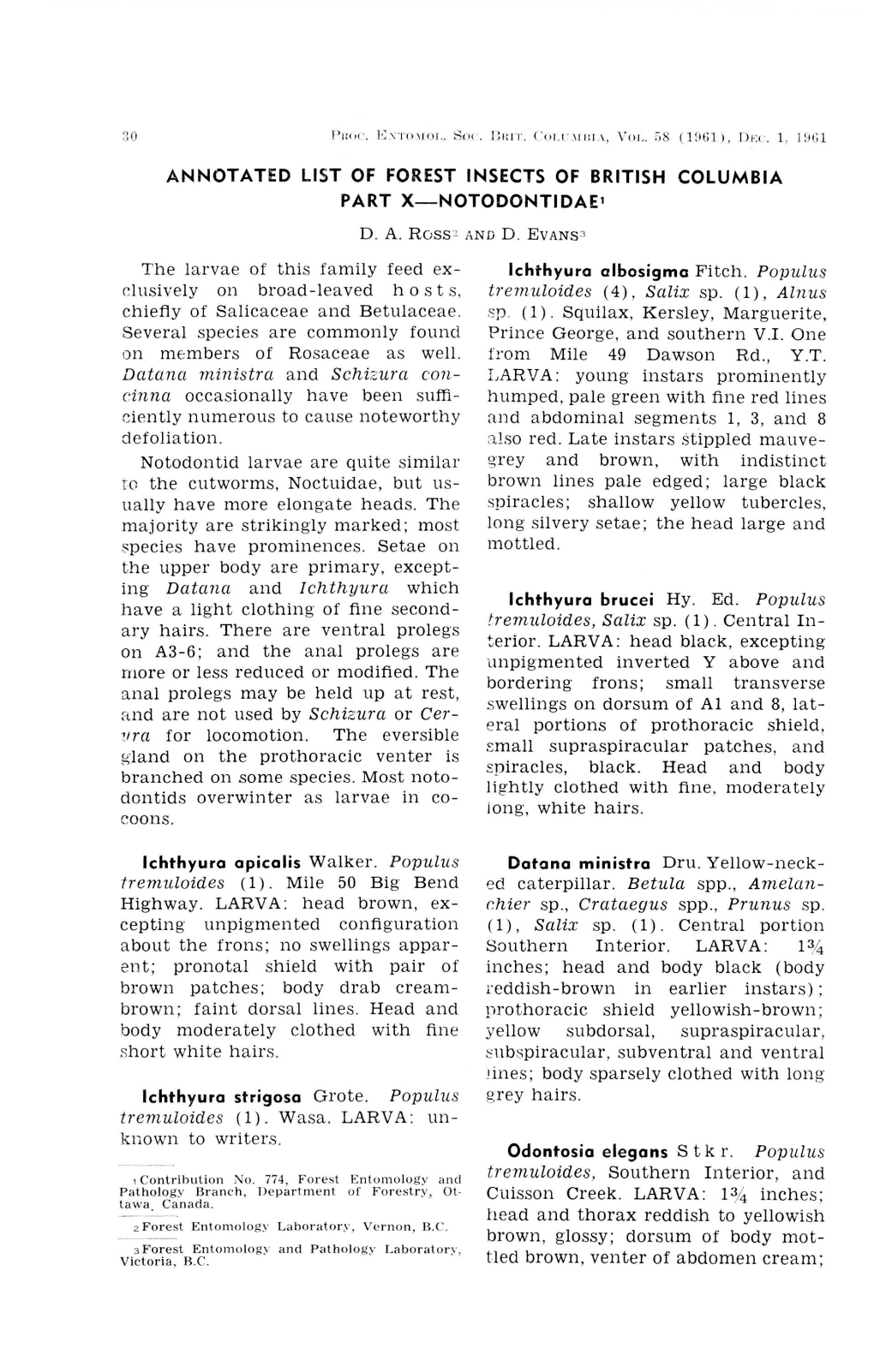 ANNOTATED LIST of FOREST INSECTS of BRITISH COLUMBIA PART X-Notodontidael