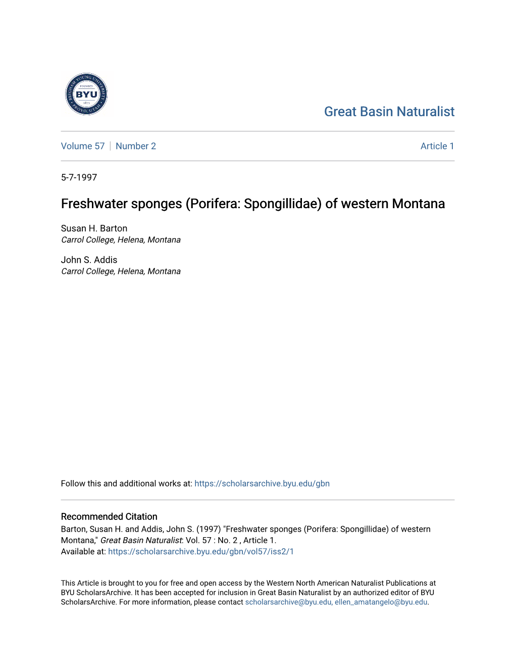 Freshwater Sponges (Porifera: Spongillidae) of Western Montana