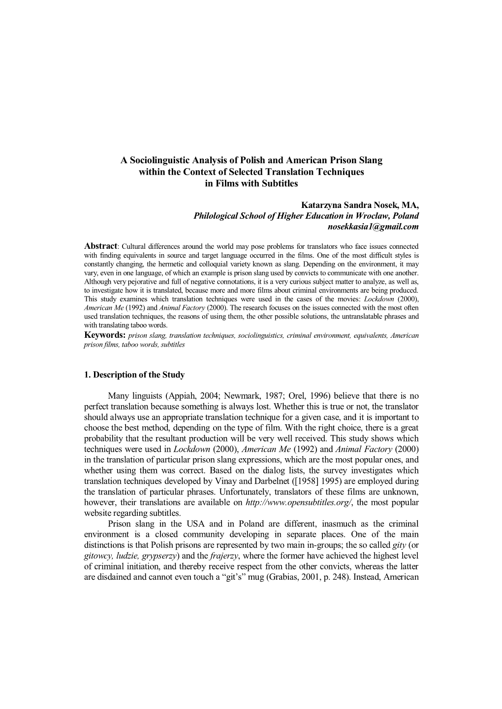 A Sociolinguistic Analysis of Polish and American Prison Slang Within the Context of Selected Translation Techniques in Films with Subtitles