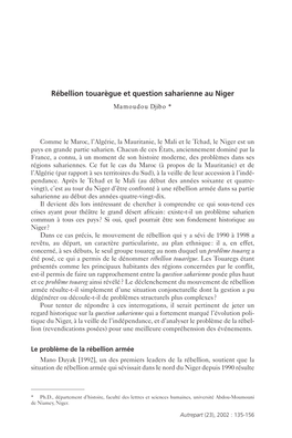 Rébellion Touarègue Et Question Saharienne Au Niger Mamoudou Djibo *