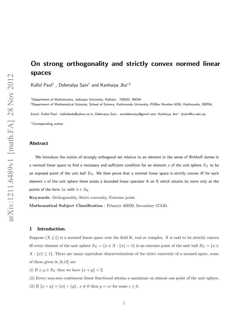 On Strong Orthogonality and Strictly Convex Normed Linear Spaces