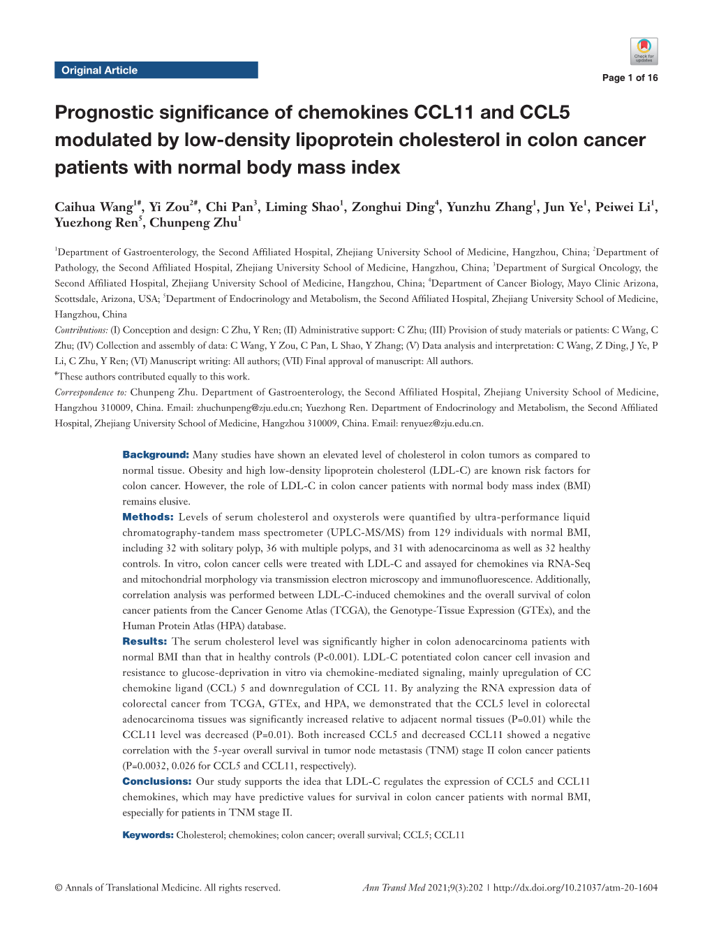 Prognostic Significance of Chemokines CCL11 and CCL5 Modulated by Low-Density Lipoprotein Cholesterol in Colon Cancer Patients with Normal Body Mass Index