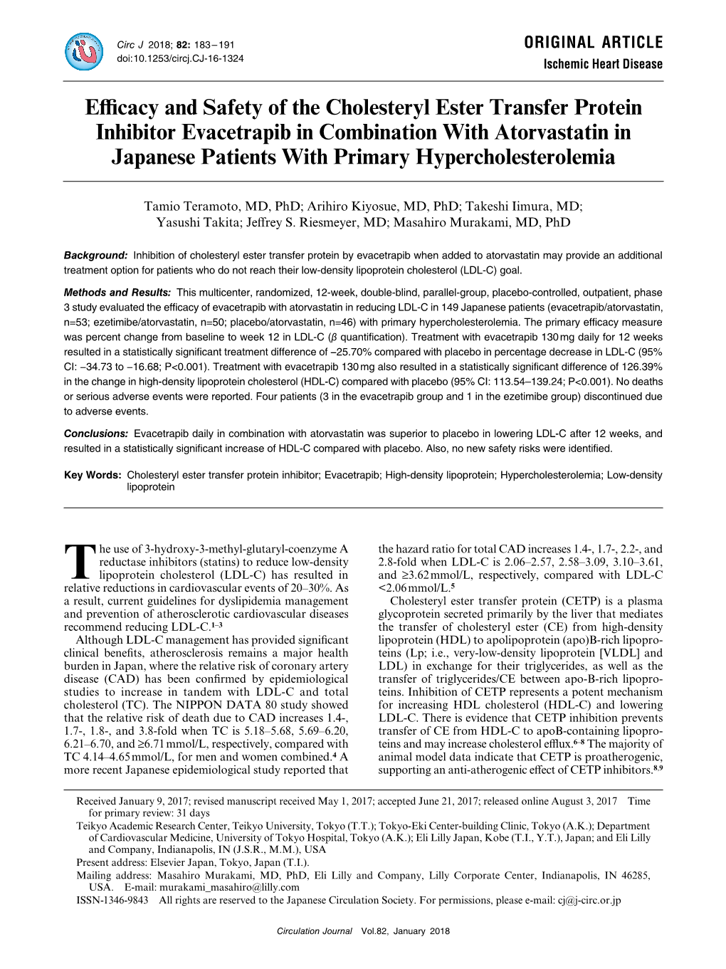 Efficacy and Safety of the Cholesteryl Ester Transfer Protein Inhibitor