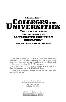 This Booklet Contains a List of Colleges and Universities Submitted To