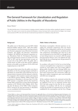 The General Framework for Liberalization and Regulation of Public Utilities in the Republic of Macedonia