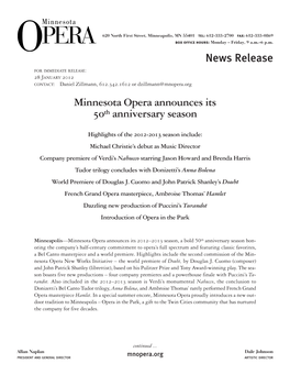 News Release Minnesota Opera Announces Its 50Th Anniversary