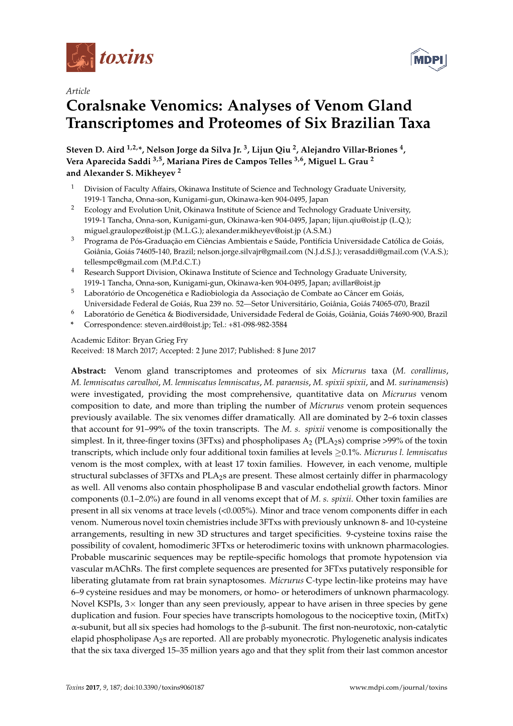 Analyses of Venom Gland Transcriptomes and Proteomes of Six Brazilian Taxa