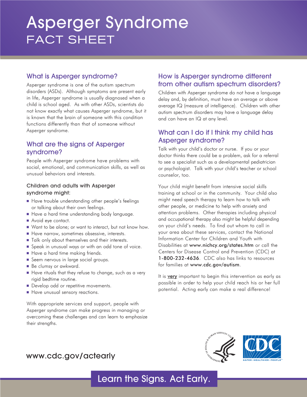 Asperger Syndrome FACT SHEET