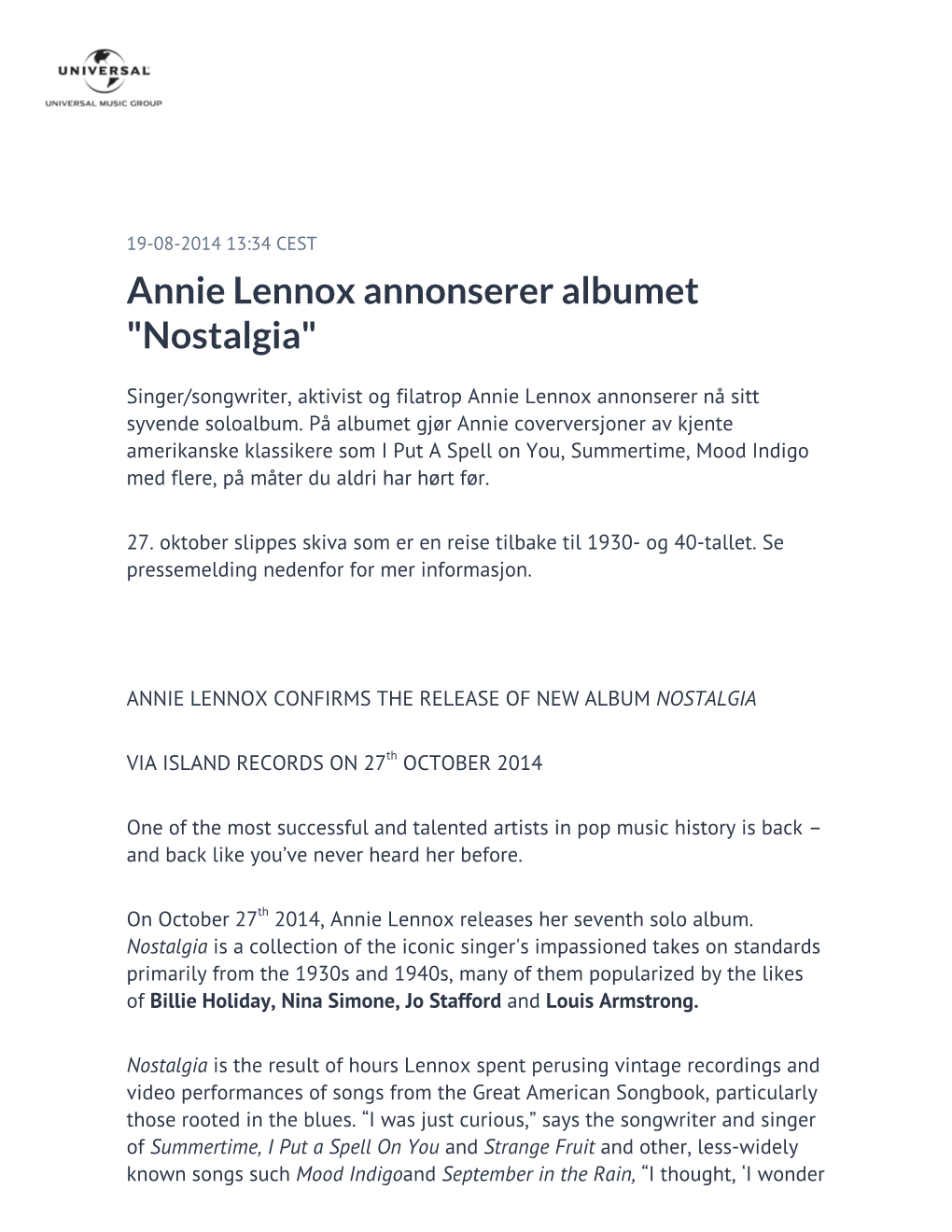 Annie Lennox Annonserer Albumet 