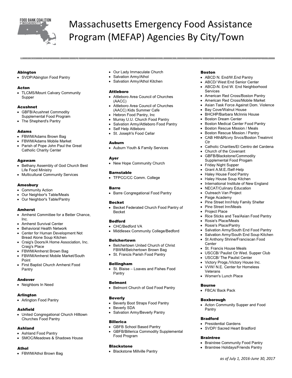 Massachusetts Emergency Food Assistance Program (MEFAP) Agencies by City/Town