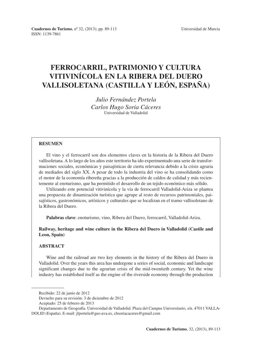 Ferrocarril, Patrimonio Y Cultura Vitivinícola En La Ribera Del Duero Vallisoletana (Castilla Y León, España)