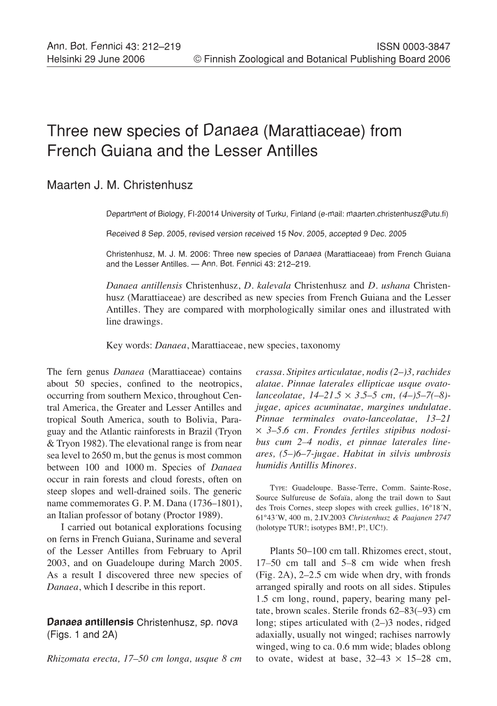 Three New Species of Danaea (Marattiaceae) from French Guiana and the Lesser Antilles